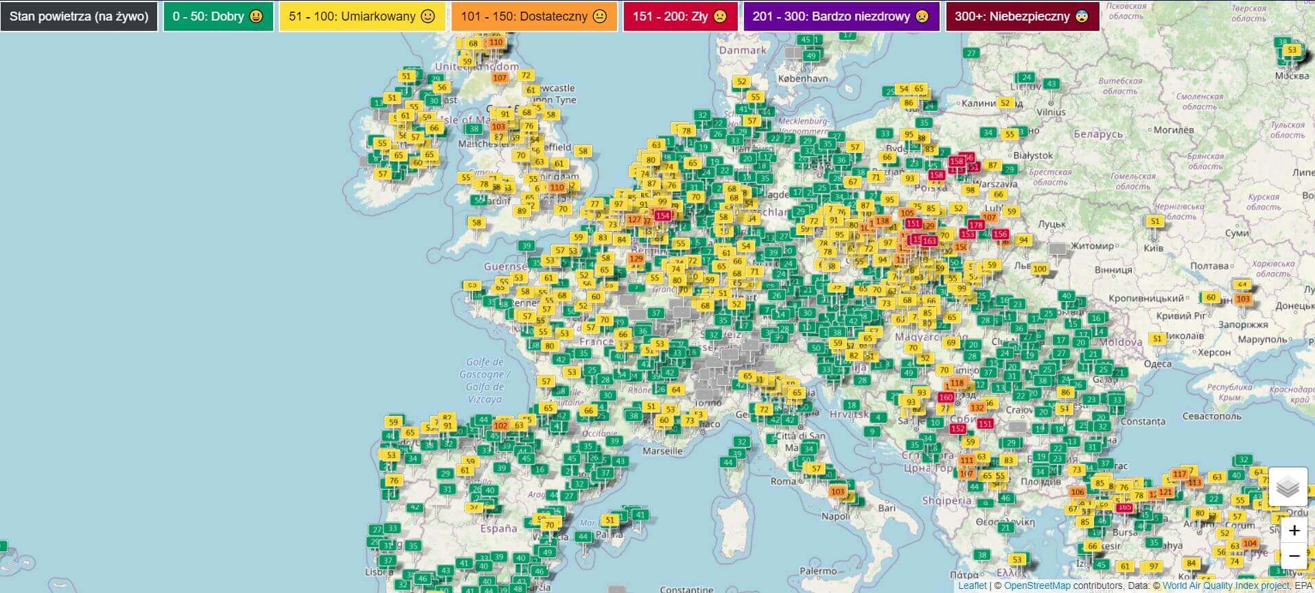 Mapa jakości powietrza w Polsce na tle Europy